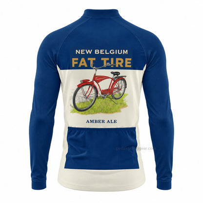 Back view of a blue and cream New Belgium Fat Tire Ale retro long-sleeve cycling jersey.