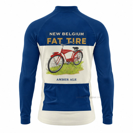 Back view of a blue and cream New Belgium Fat Tire Ale retro long-sleeve cycling jersey.