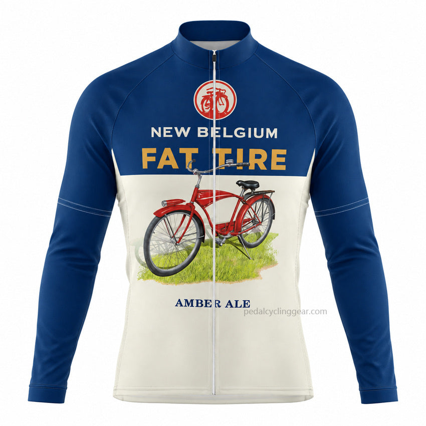 Front view of a blue and cream New Belgium Fat Tire Ale retro long-sleeve cycling jersey.