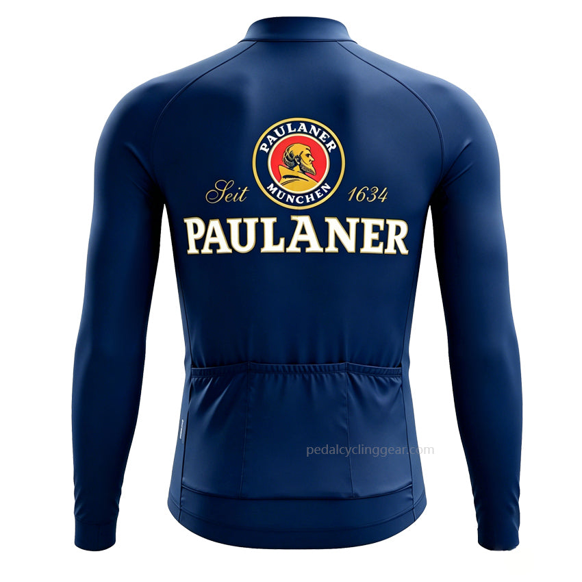 Back view of navy blue Paulaner Beer long sleeve retro cycling jersey showing 3 rear storage pockets.