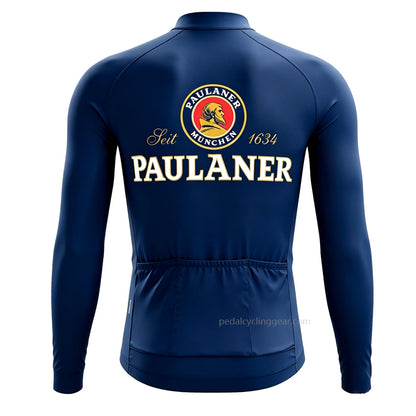 Back view of navy blue Paulaner Beer long sleeve retro cycling jersey showing 3 rear storage pockets.