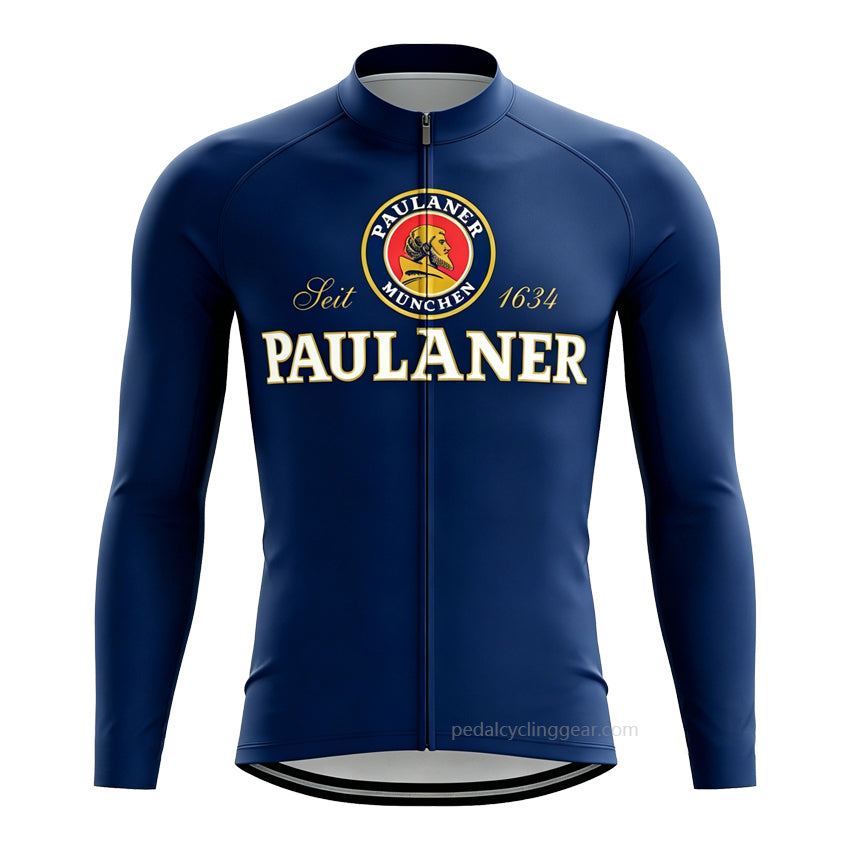 Front view of navy blue Paulaner Beer long sleeve retro cycling jersey