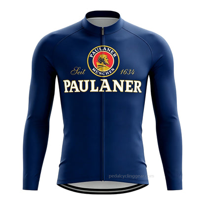 Front view of navy blue Paulaner Beer long sleeve retro cycling jersey