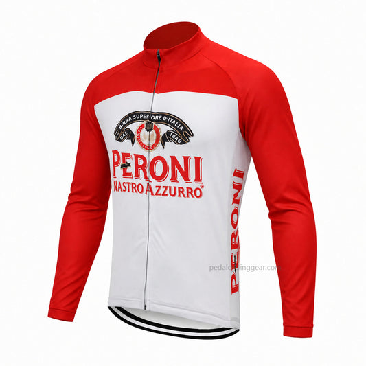 Front view of a red and white Peroni Nastro Azzurro retro long-sleeve cycling jersey.