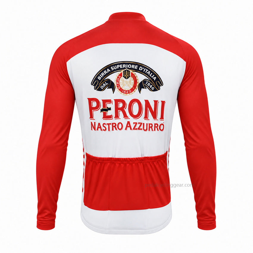 Back view of a red and white Peroni Nastro Azzurro retro long-sleeve cycling jersey.
