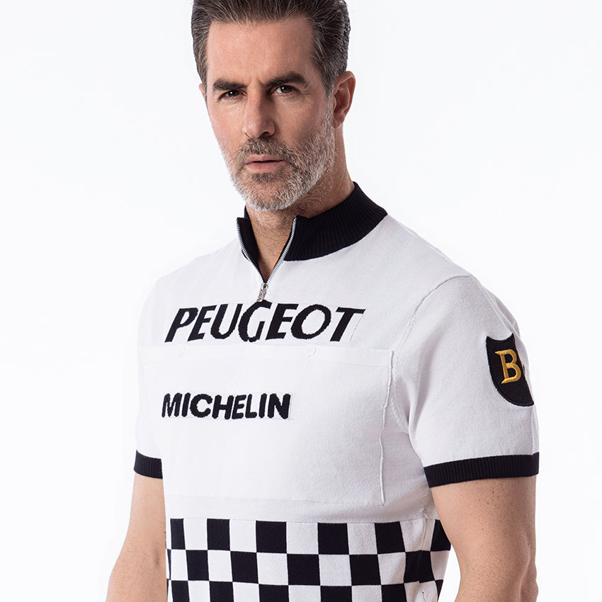Peugeot Michelin retro cycling jersey showing woven logo lettering and gold B sleeve badge
