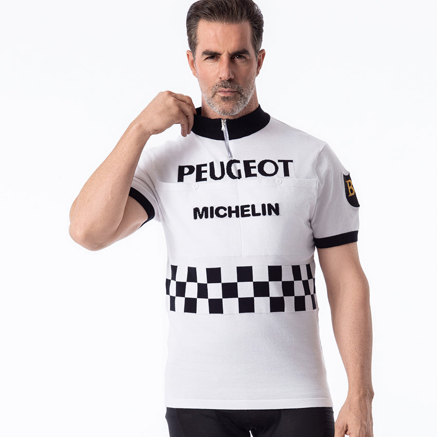 Man wearing Peugeot Michelin retro wool cycling jersey front view