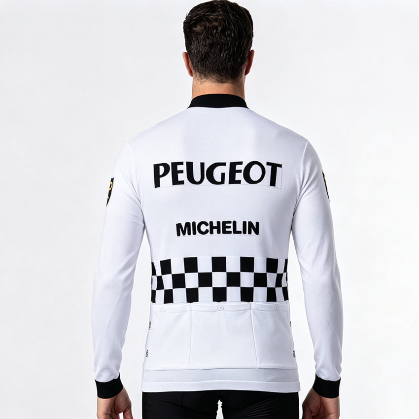Back view of Peugeot Michelin vintage wool long sleeve cycling jersey 