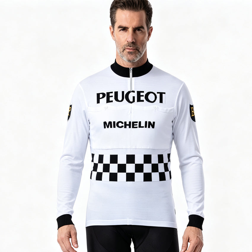 Peugeot Michelin retro long sleeve wool cycling jersey front view