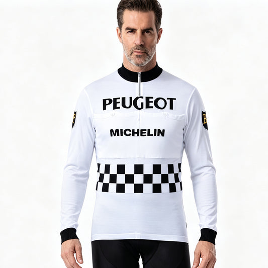 Peugeot Michelin retro long sleeve wool cycling jersey front view