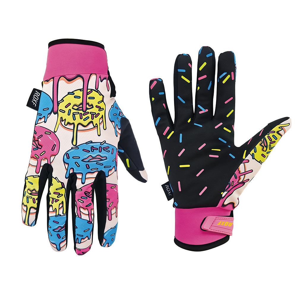 Pink and yellow printed full-finger cycling gloves with palm side