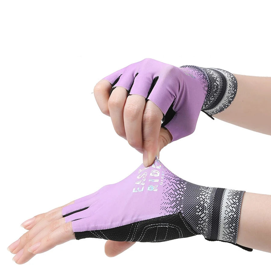 purple fingerless cycling gloves showing fabric stretched across the back of the hand