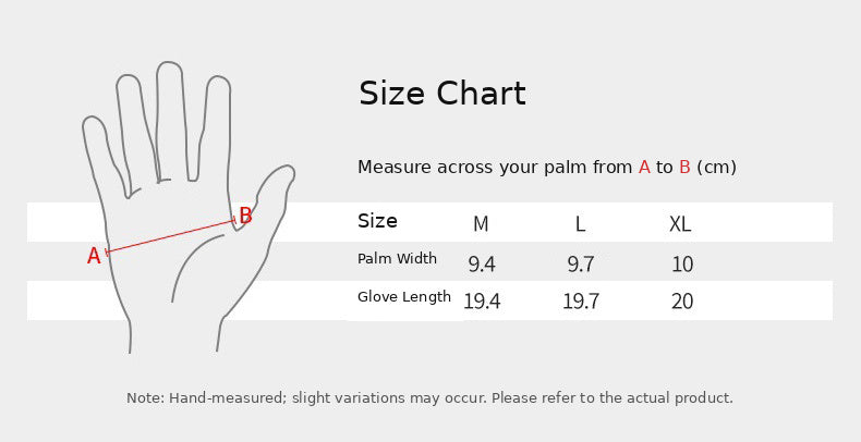 Size chart for purple and grey cycling gloves, sizes M to XL