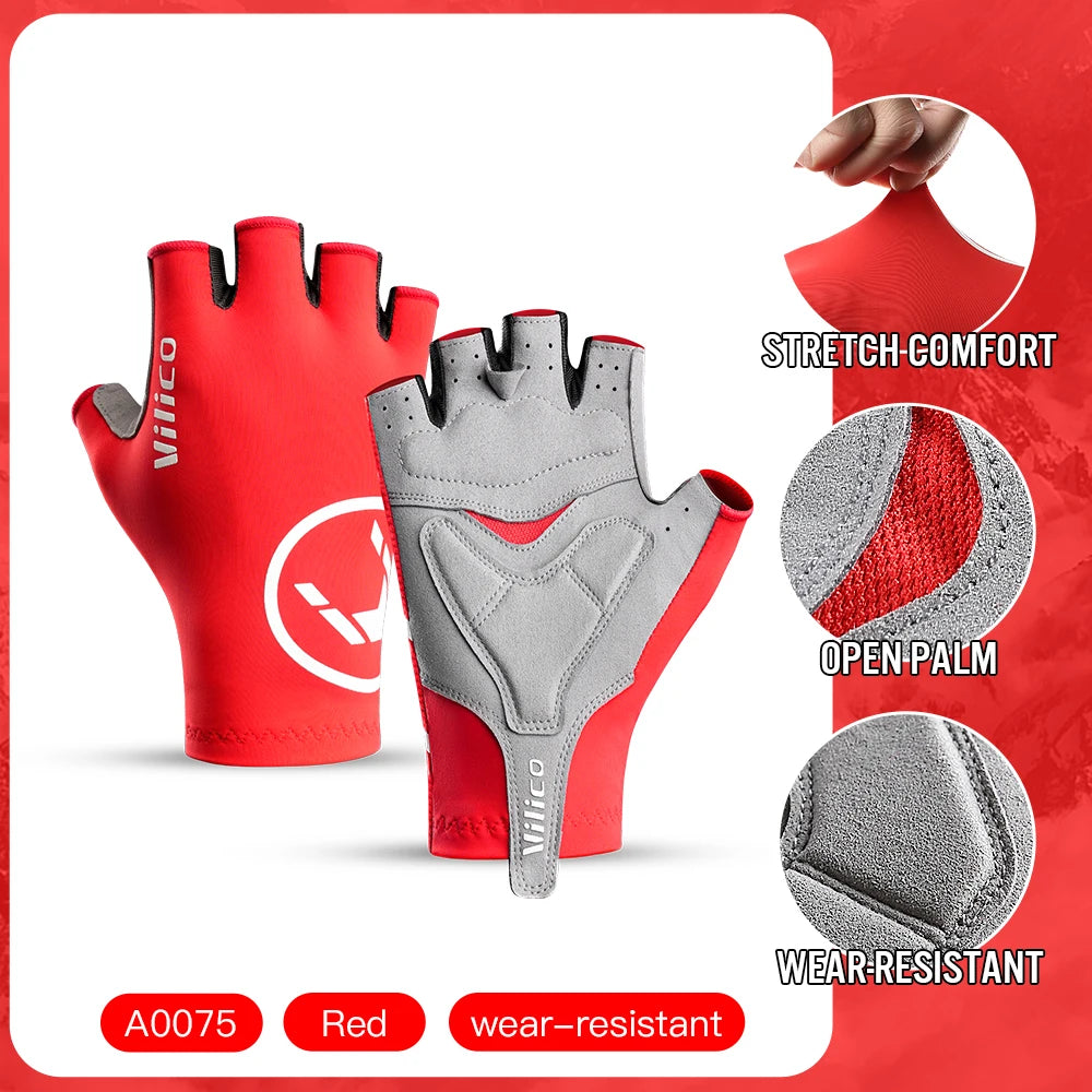 Red half-finger cycling gloves showing padded palms, stretch fabric and palm panel details.