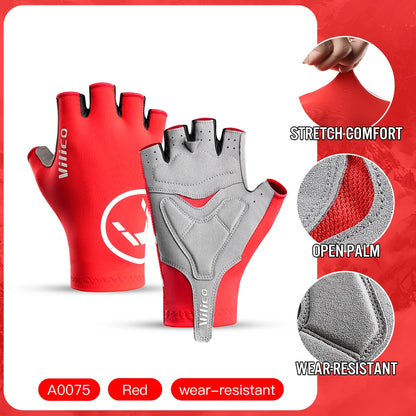 Red half-finger cycling gloves showing padded palms, stretch fabric and palm panel details.
