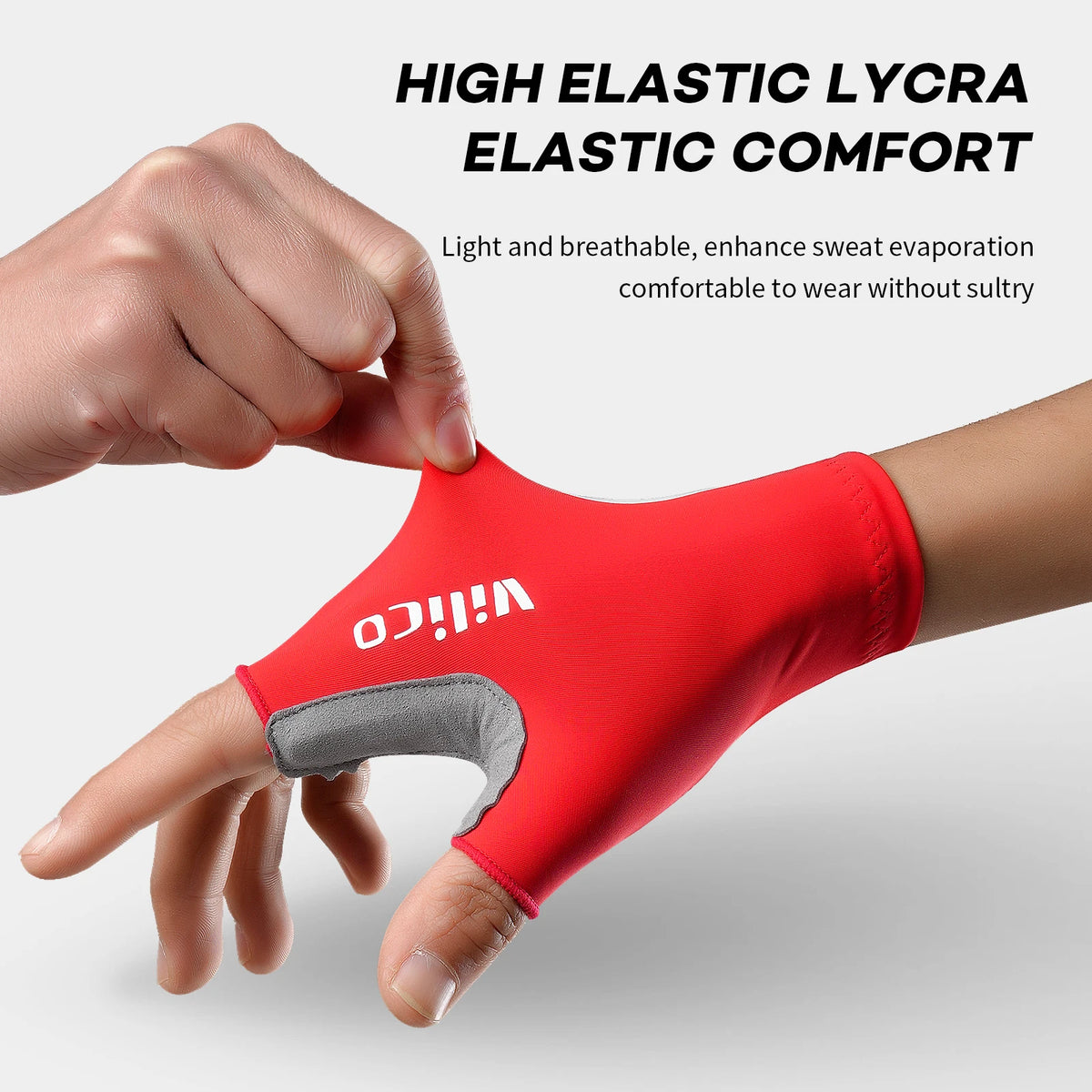 Red half-finger cycling glove worn on a hand, showing the stretch fabric across the back.