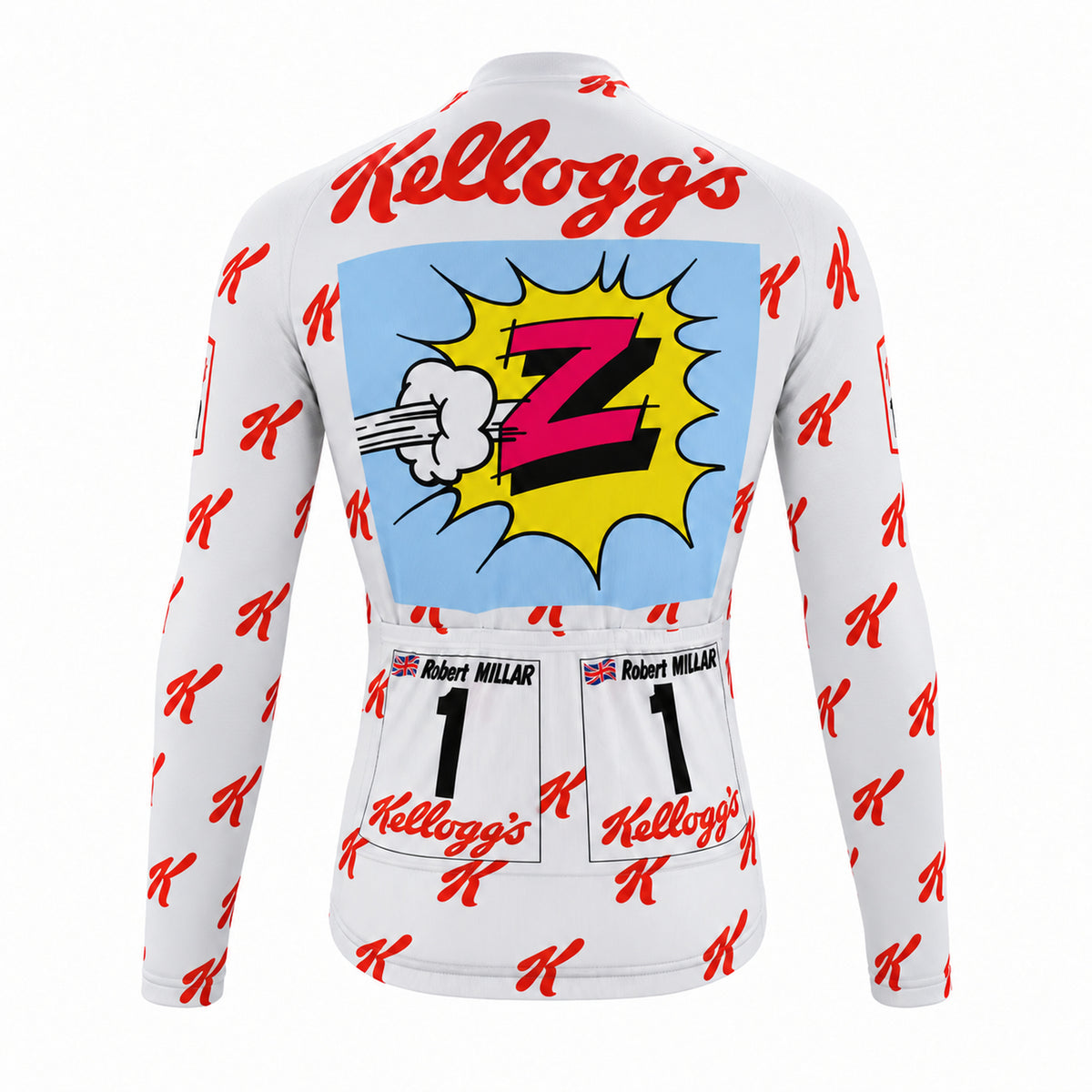 Back view of the 1989 Robert Millar Team Z Kellogg's long sleeve cycling jersey featuring race number 1 and Kellogg's logo.