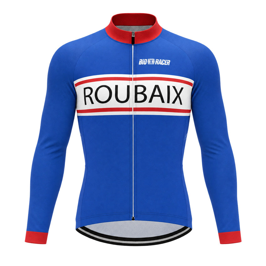 Roubaix Retro Long Sleeve Cycling Jersey – Blue front view