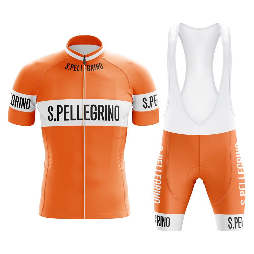 Front view of the vibrant San Pellegrino retro orange cycling jersey and matching shorts set