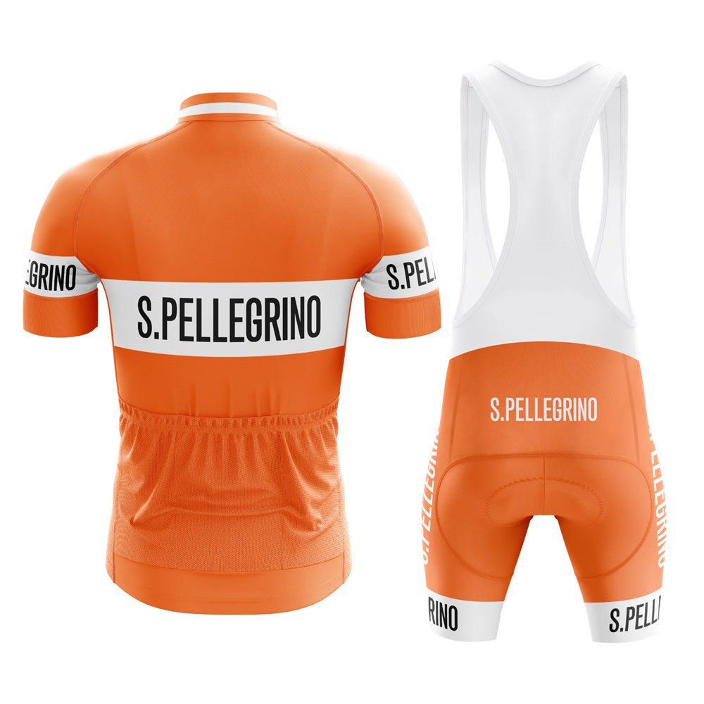 Back view of the San Pellegrino retro orange cycling uniform highlighting the three rear storage pockets