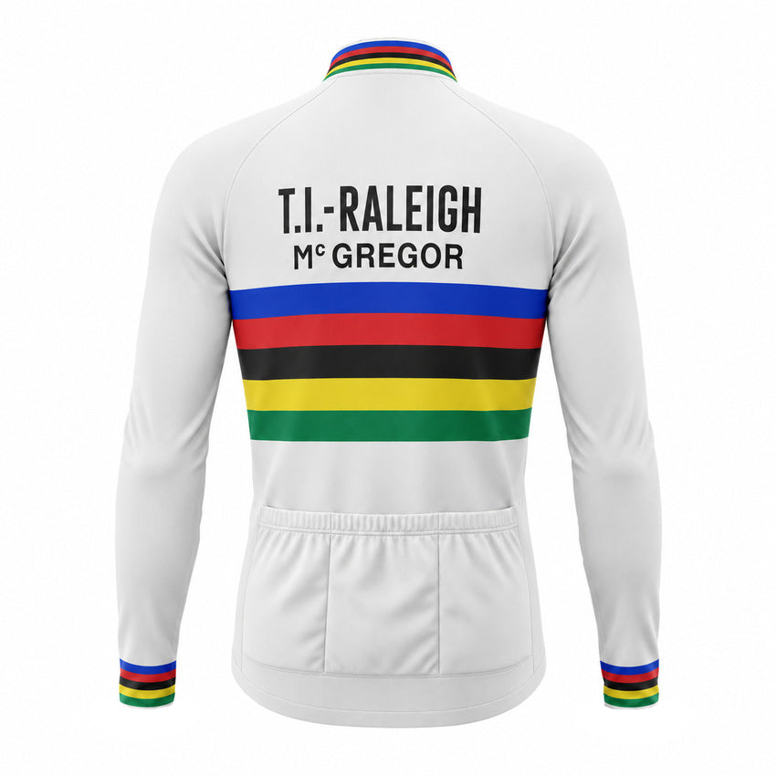 TI Raleigh world champion retro long sleeve cycling jersey in white with rainbow stripes, back view