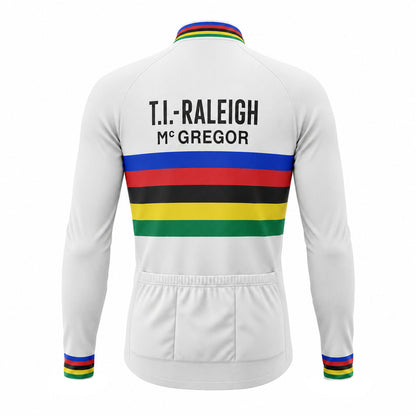 TI Raleigh world champion retro long sleeve cycling jersey in white with rainbow stripes, back view