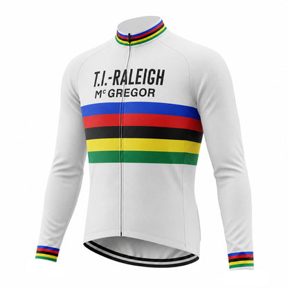 TI Raleigh world champion retro long sleeve cycling jersey in white with rainbow stripes, front view