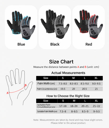 Size chart for touchscreen cycling gloves, sizes S to XL