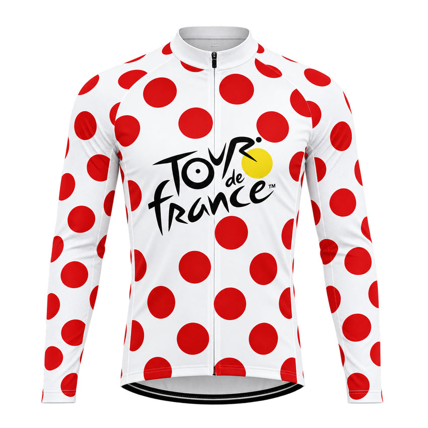 Tour de France Polka Dot Retro Long Sleeve Cycling Jersey front view showing the sponsor graphics