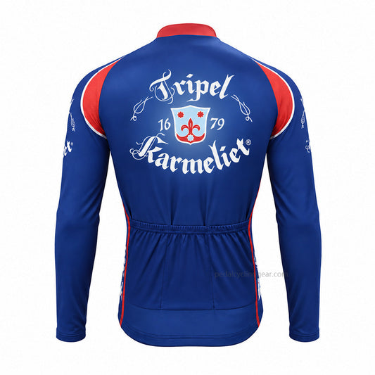 Back view of a blue and red Tripel Karmeliet retro long-sleeve cycling jersey.