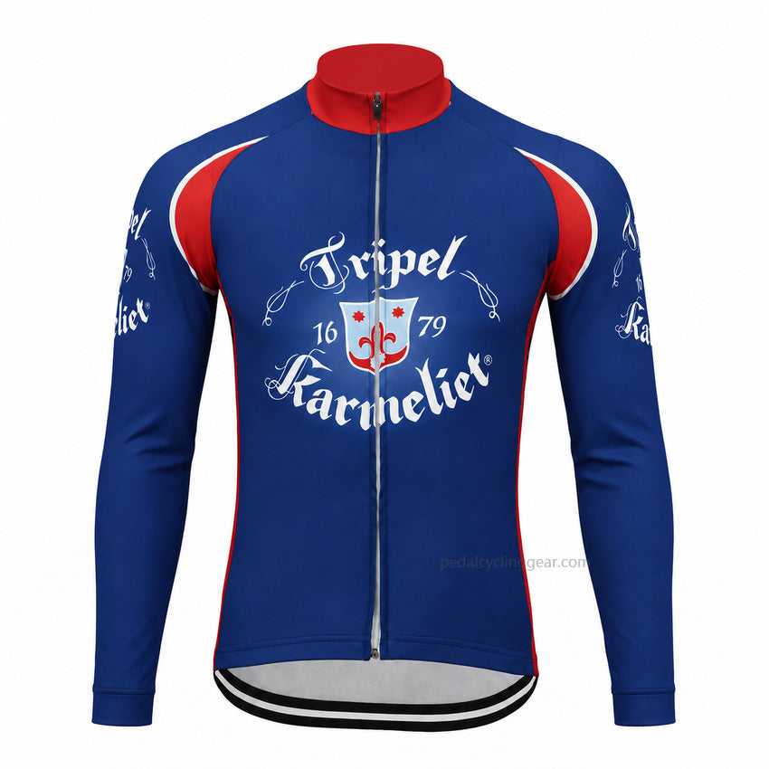 Front view of a blue and red Tripel Karmeliet retro long-sleeve cycling jersey.