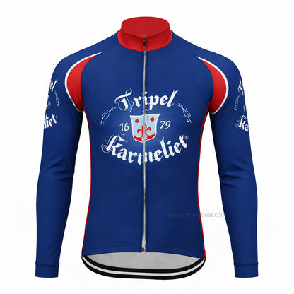 Front view of a blue and red Tripel Karmeliet retro long-sleeve cycling jersey.