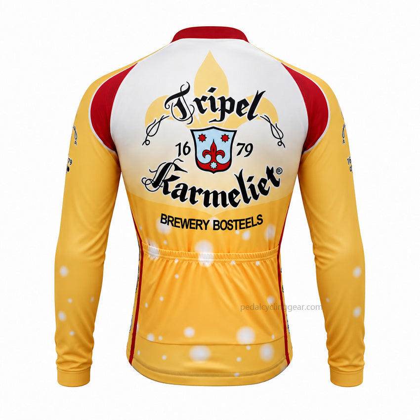 Back view of a yellow, white Tripel Karmeliet retro long-sleeve cycling jersey.