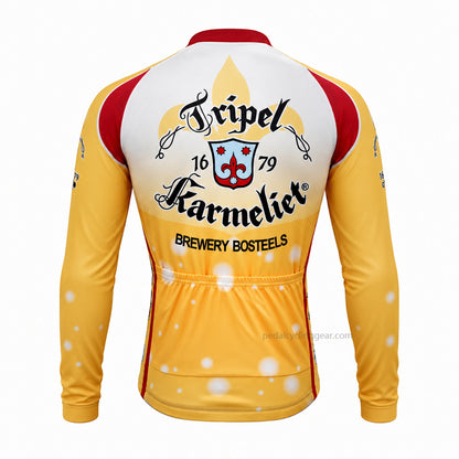 Back view of a yellow, white Tripel Karmeliet retro long-sleeve cycling jersey.