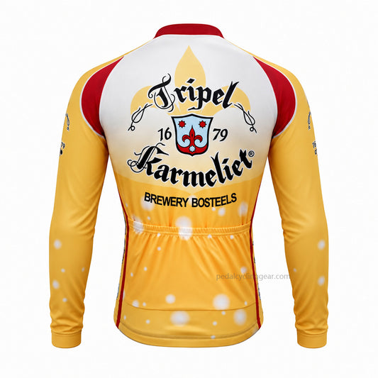 Back view of a yellow, white Tripel Karmeliet retro long-sleeve cycling jersey.