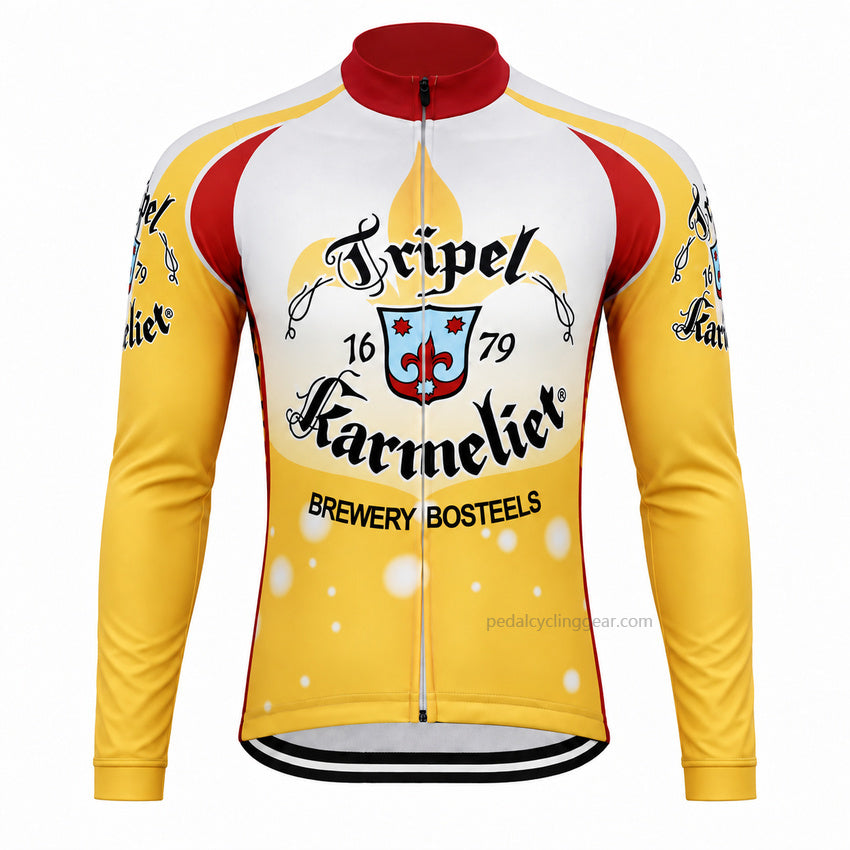 Front view of a yellow, white Tripel Karmeliet retro long-sleeve cycling jersey.