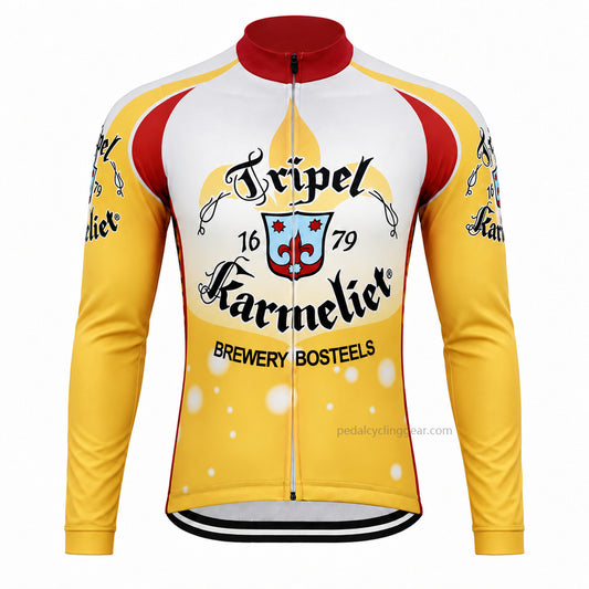 Front view of a yellow, white Tripel Karmeliet retro long-sleeve cycling jersey.