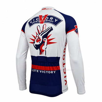 Back view of a blue, white and red Victory Brewing retro long-sleeve cycling jersey.
