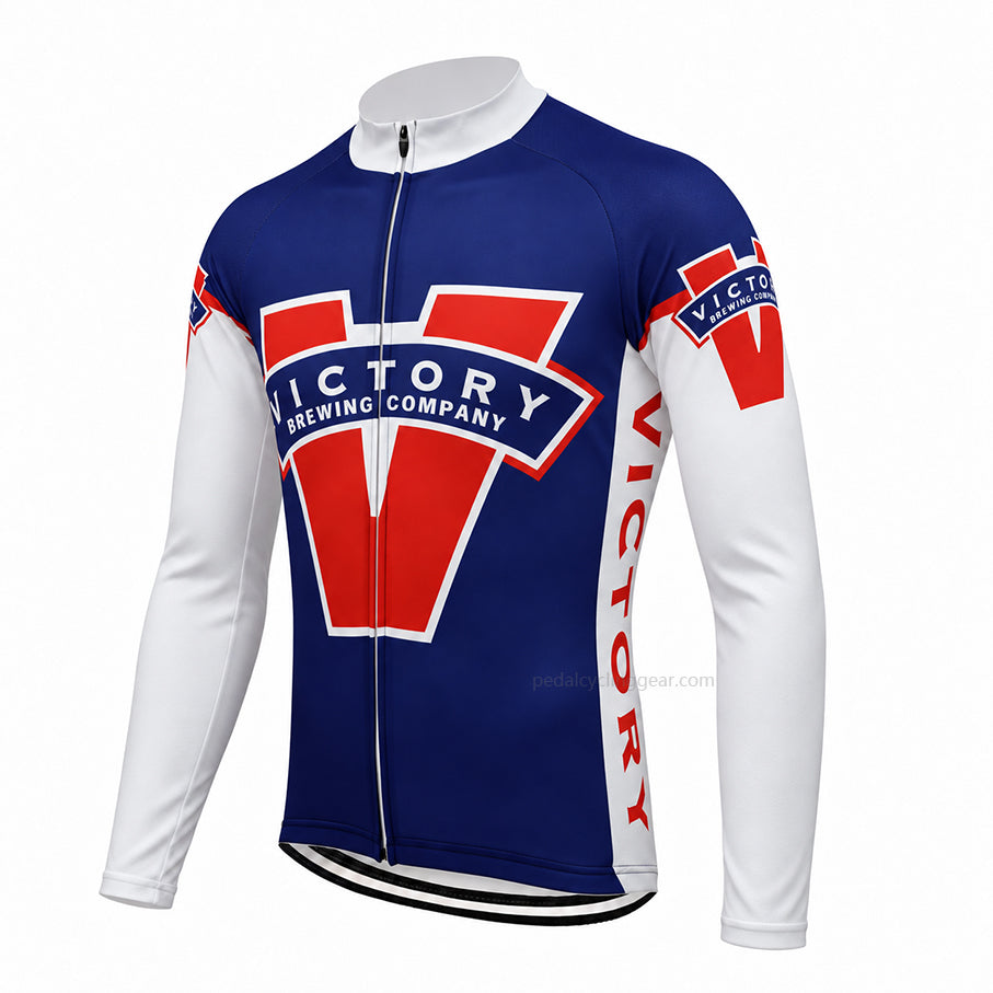 Front view of a blue, white and red Victory Brewing retro long-sleeve cycling jersey.
