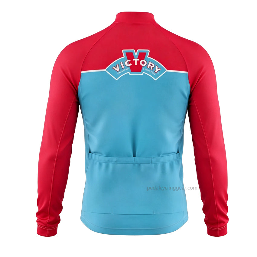 Back view of a red, blue and turquoise Victory Sour Monkey retro long-sleeve cycling jersey.