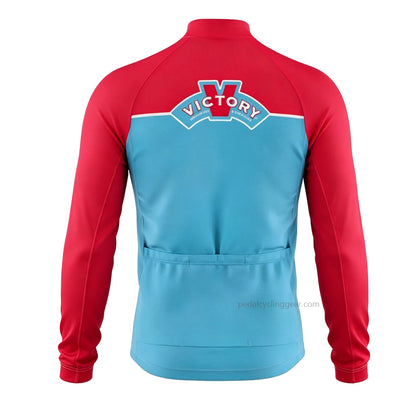 Back view of a red, blue and turquoise Victory Sour Monkey retro long-sleeve cycling jersey.