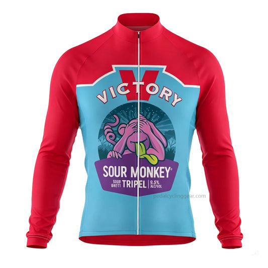 Front view of a red, blue and turquoise Victory Sour Monkey retro long-sleeve cycling jersey.