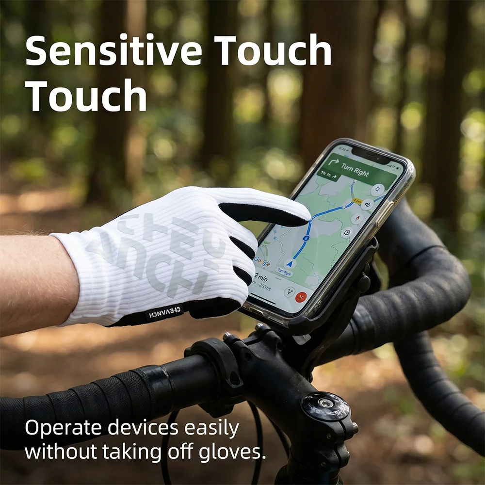 White full-finger cycling glove using a smartphone mounted on a bicycle handlebar.