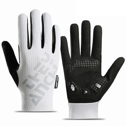 White full-finger cycling gloves on a white background, showing the back and black perforated palm.