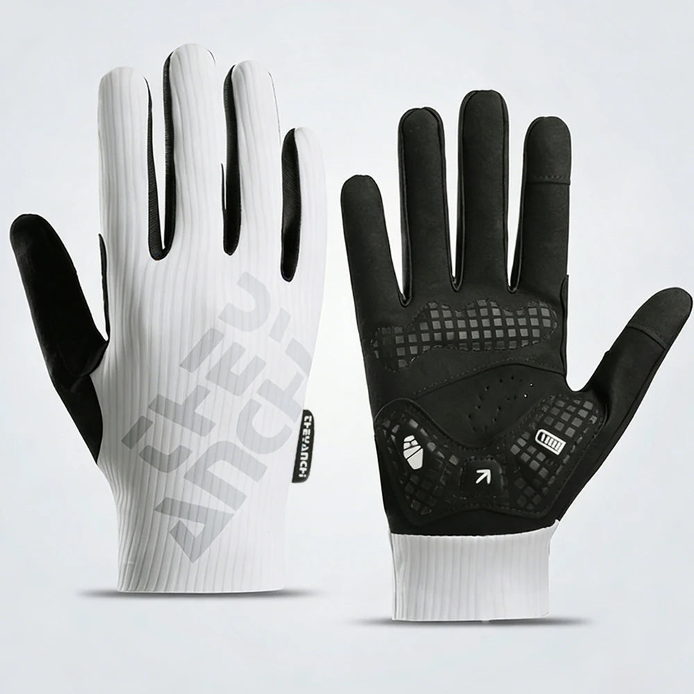 White full-finger cycling gloves showing the textured back and black padded palm