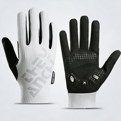 White full-finger cycling gloves showing the textured back and black padded palm
