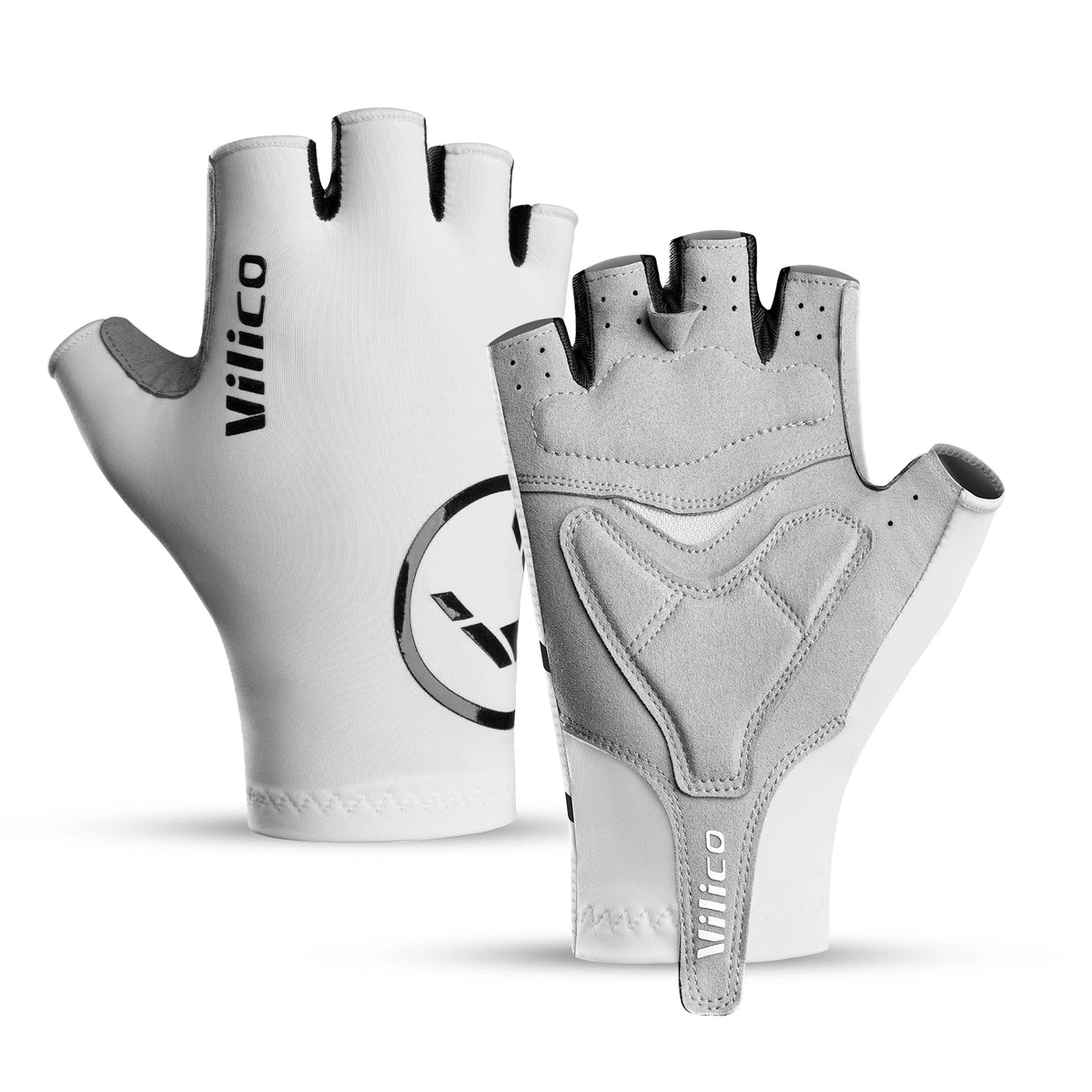 White half-finger cycling gloves showing the back and grey padded palm with a pull tab.