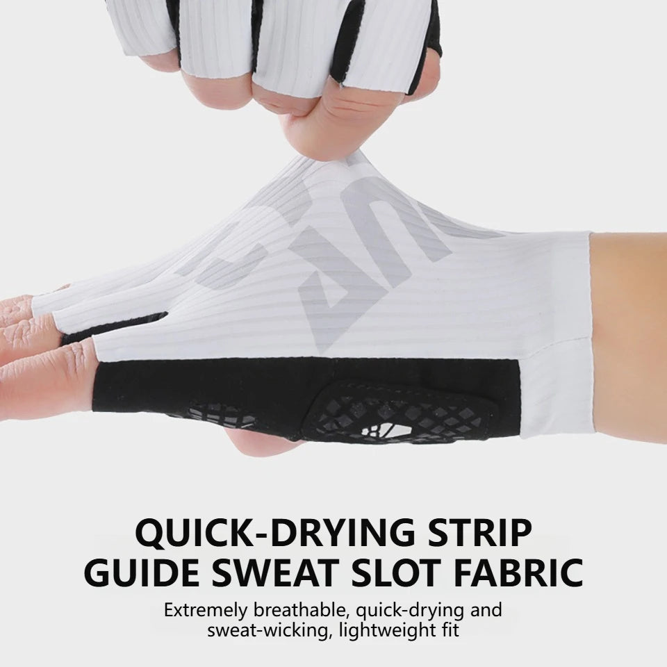 White half-finger cycling glove worn on a hand, with the back fabric stretched to show flexibility.