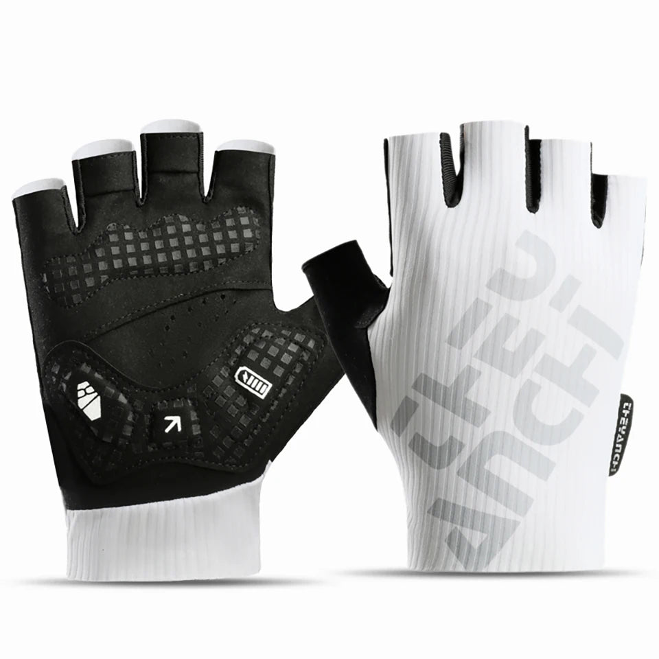 White half-finger cycling gloves showing the textured back and black padded palm