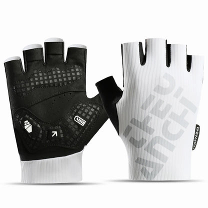 White half-finger cycling gloves showing the textured back and black padded palm